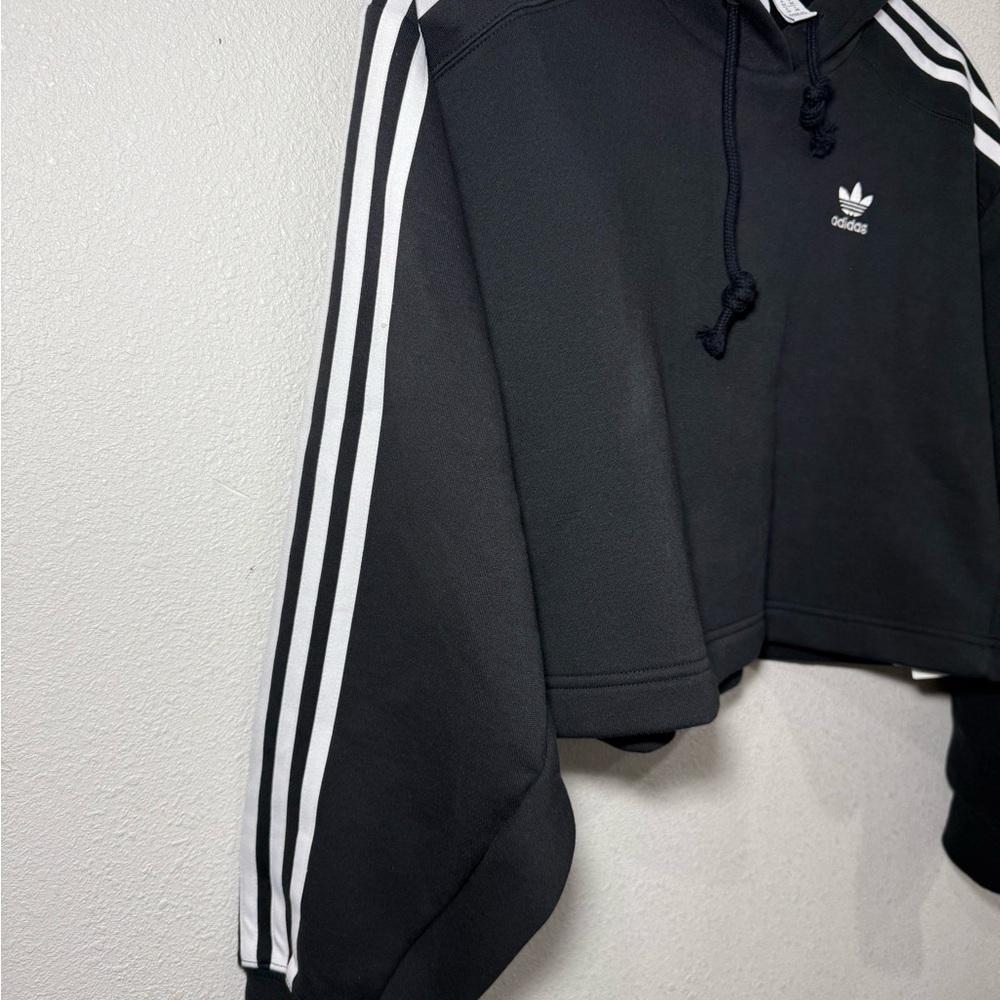 Adidas Cropped Black Hoodie 3 Stripe Trefoil Logo | XS | Athleisure Sweatshirt - Picture 6 of 7
